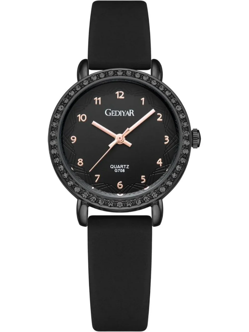Women's All Black Analog Quartz Crystal Rhinestone Bezel Waterproof Wrist Watch